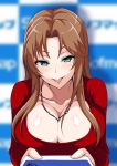  1girl :d blue_eyes blurry blurry_background blush breasts brown_hair cleavage collarbone depth_of_field hair_intakes idolmaster idolmaster_cinderella_girls jewelry large_breasts long_hair looking_at_viewer matsumoto_sarina necklace open_mouth parted_lips sidelocks simple_background smile sofmap_background solo step_and_repeat tawashi1623 upper_body white_background 