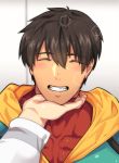  1boy 1other arash_(fate) arima_(arima_bn) bara black_hair blush close-up closed_eyes collarbone dark_skin dark_skinned_male fate/grand_order fate/prototype fate/prototype:_fragments_of_blue_and_silver fate_(series) hand_on_another&#039;s_chin looking_at_viewer male_focus smile 