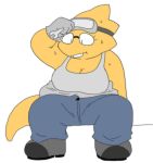  alp_ut alphys anthro big_breasts bodily_fluids bottomwear breasts buckteeth cleavage clothed clothing eyewear female footwear fully_clothed glasses gloves goggles handwear holding_object holding_wrench looking_down non-mammal_breasts pants reptile safety_goggles scales scalie shirt shoes simple_background sitting solo sweat tank_top teeth thick_tail tools topwear undertale video_games wrench yellow_body yellow_scales 