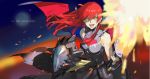  1girl armor blurry bokeh character_request copyright_request depth_of_field fangs headwear_removed helmet helmet_removed holding holding_helmet holding_weapon lips long_hair nishihara_isao open_mouth red_hair solo weapon wind wind_lift wings yellow_eyes 