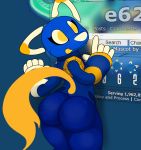  2020 against_wall anthro big_butt blue_body butt digital_media_(artwork) domestic_cat e621 english_text esix eyelashes felid feline felis female foxball hi_res looking_back machine mammal mascot nude robot smile solo standing text thick_thighs tongue tongue_out wide_hips yellow_eyes 