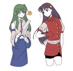  2girls ? asamiya_athena bangs black_shorts blue_skirt chinese_clothes closed_mouth collarbone detached_sleeves eyebrows_visible_through_hair frog_hair_ornament gloves gohei green_eyes green_hair hair_between_eyes hair_ornament hairband highres holding japanese_clothes kochiya_sanae long_hair looking_at_another miko multiple_girls open_mouth purple_eyes purple_hair rbfnrbf_(mandarin) red_gloves red_hairband sash shirt shorts simple_background skirt snake_hair_ornament speech_bubble star_(symbol) star_ornament sweat the_king_of_fighters touhou white_background white_sash white_shirt white_sleeves wide_sleeves 
