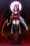  1girl alternate_costume blood_moon_diana breasts cleavage diana_(league_of_legends) facial_mark forehead_mark highres japanese_clothes jewelry kezi large_breasts league_of_legends long_hair makeup mask mask_removed necklace oni_mask red_eyes solo thighhighs very_long_hair weapon white_hair 