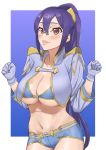  1girl breasts brown_eyes chobi_kuma cleavage clenched_hands glasses gloves hair_between_eyes highres jacket jo_aysel large_breasts long_hair looking_at_viewer midriff navel purple_gloves purple_hair solo swimsuit swimsuit_under_clothes thick_lips tied_hair zoids zoids_wild zoids_wild_zero 