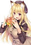  2019 absurd_res akizora_momiji animal_humanoid blonde_hair blush breasts burger canid canid_humanoid clothing cute_fangs eating female food hair hat headgear headwear hi_res holding_burger holding_food holding_object humanoid inner_ear_fluff looking_at_viewer mammal mammal_humanoid open_mouth simple_background smile solo tuft white_background 