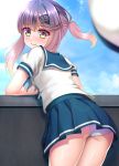  1girl ass blue_skirt cloud from_behind hair_ornament hairclip hat headwear_removed highres kantai_collection leaning_forward long_hair looking_at_viewer looking_back outdoors panties ponytail purple_eyes purple_hair ruin_re_birth school_uniform serafuku shirt short_sleeves skirt sky smile solo thighs tsushima_(kantai_collection) underwear white_headwear white_panties white_shirt wind 