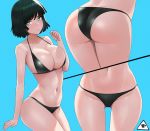 1girl aqua_eyes ass ass_visible_through_thighs bangs bare_arms bare_shoulders bikini black_bikini black_hair blue_background blush bob_cut breasts cleavage closed_mouth collarbone donburikazoku eyebrows_visible_through_hair fubuki_(one-punch_man) groin highres large_breasts lower_body multiple_views navel one-punch_man short_hair simple_background stomach swimsuit thighs 
