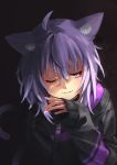  1girl ahoge animal_ear_fluff animal_ears black_background black_choker black_hoodie cat_ears cat_tail choker commentary eyebrows_visible_through_hair eyelashes grin hair_between_eyes highres hololive lavender_hair long_sleeves looking_at_viewer nekomata_okayu one_eye_closed purple_eyes short_hair simple_background sleeves_past_wrists smile solo sumi_(oyasumie) tail upper_body virtual_youtuber 