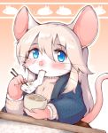  2020 4_fingers anthro blue_eyes chopsticks clothing eating female fingers food fur hair holding_bowl mammal mouse murid murine open_mouth rodent shitsu_kushi-mono solo sweater topwear whiskers white_body white_fur white_hair 