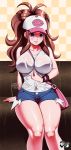  1girl artist_name bare_shoulders blue_eyes breasts brown_hair collarbone denim denim_shorts deviantart_username facebook_username hat highres jadenkaiba large_breasts long_hair looking_at_viewer parted_lips pokemon pokemon_(game) pokemon_bw ponytail shorts sitting sleeveless solo teeth touko_(pokemon) watermark web_address 