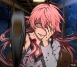  1girl artist_name axe blood bloody_clothes commentary covering_one_eye crazy_eyes gasai_yuno hair_between_eyes hand_on_own_face highres holding holding_axe long_hair looking_at_viewer mirai_nikki night open_mouth pink_eyes pink_hair pov solo tcb upper_body yandere 