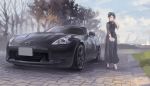  1girl black_dress black_eyes black_footwear black_hair black_scarf car dress eyebrows_visible_through_hair ground_vehicle hand_on_own_cheek high_heels highres holding_notepad looking_to_the_side momo_hiki motor_vehicle nissan nissan_350z original personification scarf vehicle_focus 