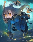  1girl bangs bodysuit bow breasts brown_hair bubble diving_mask diving_regulator flippers gloves hair_bow highres large_breasts long_hair looking_at_viewer minmin_(neko4339) original scuba scuba_gear skin_tight solo swimsuit water wetsuit yellow_eyes 