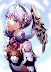  1girl blue_eyes braid breasts crown_braid datcravat feathered_wings head_wings highres juliet_sleeves long_sleeves medium_breasts melia o-ring parted_lips puffy_sleeves signature silver_hair solo upper_body wings xenoblade_(series) xenoblade_1 xenoblade_1:_tsunagaru_mirai 