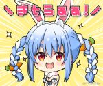  1girl :d animal_ear_fluff animal_ears bangs bare_shoulders blue_hair blush bow braid breasts bunny_ears carrot_hair_ornament chibi cleavage commentary_request detached_sleeves don-chan_(hololive) dress eyebrows_visible_through_hair food_themed_hair_ornament hair_between_eyes hair_bow hair_ornament hololive medium_breasts miicha multicolored_hair open_mouth puffy_short_sleeves puffy_sleeves red_eyes short_eyebrows short_sleeves sidelocks smile sparkle strapless strapless_dress thick_eyebrows twin_braids twintails twitter_username two-tone_hair upper_body upper_teeth usada_pekora virtual_youtuber white_bow white_dress white_hair white_sleeves 
