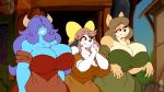  absurd_res anthro beauty_and_the_beast breasts canid canine canis cleavage clothed clothing cosplay disney domestic_dog dress female group hair hi_res june_(jinu) maggie_applebee mammal monster shiba_inu spitz sue_(peculiart) superix 