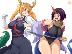  2girls accidental_touch artist_name bare_shoulders blue_eyes breast_grab brown_scarf clenched_hand clothes_pull dragon_girl dragon_horns dragon_tail elma_(maidragon) fighting gloves grabbing highres horns japanese_clothes jmg kimono kobayashi-san_chi_no_maidragon maid maid_headdress multiple_girls necktie obi off-shoulder_kimono off_shoulder orange_eyes orange_hair purple_hair red_neckwear sash scared scarf sharp_teeth short_hair signature single_horn tail teeth tooru_(maidragon) white_background white_gloves 