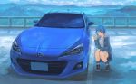  1girl blue_eyes blue_hair car ground_vehicle highres jacket momo_hiki motor_vehicle original personification short_hair squatting subaru_(brand) subaru_brz v vehicle_focus 