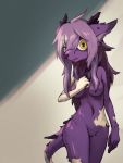 2020 4:3 anthro blue_eyes breasts convenient_censorship crotch_tuft dragon female fur fur_growth furred_dragon gradient_background grey_background hair heterochromia horn human_to_anthro inner_ear_fluff kemono long_hair looking_at_viewer mid_transformation naturally_censored navel purple_body purple_fur purple_hair purple_nose shimizu_tsubasa simple_background solo species_transformation tan_body tan_skin transformation tuft wide_eyed yellow_eyes 