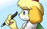  animal_crossing anthro canid canine canis domestic_dog female festive-pajams gentle_giant isabelle_(animal_crossing) macro mammal micro micro_on_macro nintendo pawpads paws pen shih_tzu size_difference toy_dog video_games villager_(animal_crossing) 