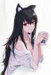  1girl animal_ear_fluff animal_ears black_hair breasts cat_ears cat_girl cleavage closed_mouth collarbone cup expressionless highres holding holding_cup long_hair long_sleeves looking_at_viewer medium_breasts mole mole_under_eye no_bra off_shoulder open_clothes open_shirt original red_eyes shibanme_tekikumo shirt simple_background single_bare_shoulder solo upper_body very_long_hair white_background white_shirt 