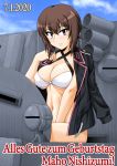  1girl bangs bikini black_jacket blue_sky breasts brown_eyes brown_hair character_name cleavage closed_mouth cloud cloudy_sky commentary dated day eyebrows_visible_through_hair german_text girls_und_panzer ground_vehicle happy_birthday jacket jacket_on_shoulders long_sleeves looking_at_viewer medium_breasts military military_vehicle motor_vehicle navel niedersachsen_military_uniform nishizumi_maho oosaka_kanagawa outdoors short_hair sitting sky smile solo swimsuit tank tiger_i translated white_bikini 
