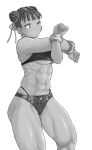  1girl abs bare_shoulders blush breasts chun-li double_bun eyebrows_visible_through_hair greyscale highres hori_shin midriff monochrome muscle muscular_female navel one_eye_closed panties short_shorts shorts simple_background sleeveless solo street_fighter thick_thighs thighs underboob underwear white_background 