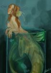  2018 5_fingers blush bodily_fluids breasts brown_hair container dialogue female fingers green_body green_scales hair hi_res implied_transformation marine merfolk nakitacat nipples scales simple_background solo tears water wet 