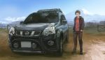  1boy brown_eyes brown_hair car fence ground_vehicle hands_in_pockets highres jacket looking_to_the_side momo_hiki motor_vehicle nissan original personification red_shirt shirt smirk sports_utility_vehicle vehicle_focus 