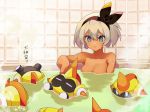  1girl bangs bathing black_hairband blue_eyes blush breasts bubble closed_mouth collarbone commentary_request eyebrows_visible_through_hair eyelashes falinks gen_8_pokemon grey_hair hair_between_eyes hairband katwo_1 nude pokemon pokemon_(creature) pokemon_(game) pokemon_swsh saitou_(pokemon) short_hair smile steam tile_wall tiles water 