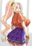 1girl absurdres alternate_costume blonde_hair breasts chin_piercing closed_mouth collared_shirt commentary_request fate/grand_order fate_(series) from_behind green_eyes hair_tie high_ponytail highres huge_breasts long_hair long_ponytail looking_at_viewer looking_back miniskirt orange_shirt pleated_skirt purple_skirt quetzalcoatl_(fate/grand_order) school_uniform shirt short_sleeves sidelocks skirt smile solo thighs uc uniform very_long_hair wristband 