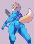  anthro butt butt_shot canid canine fox fox_mccloud green_eyes gun handgun headgear hi_res male mammal metroid muscular muscular_anthro muscular_male nintendo pistol r-r-r ranged_weapon signature solo star_fox video_games weapon zero_suit 