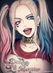  1girl blonde_hair blue_background blue_eyes breasts clothes_writing collar commentary_request dc_comics ear_piercing earrings eyeshadow facial_mark gradient_hair harley_quinn heart jewelry lipstick long_hair looking_to_the_side makeup mashima_shima multicolored_hair open_mouth piercing red_lipstick shirt simple_background solo suicide_squad tongue twintails twitter_username upper_body upper_teeth 