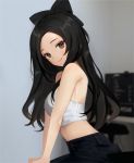  1girl absurdres bare_shoulders black_hair blurry blurry_background breasts ei1han grey_eyes highres long_hair looking_at_viewer medium_breasts midriff monitor original pants sleeveless smile solo upper_body 
