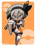  1girl :&lt; artist_name barefoot black_bodysuit black_hairband bodysuit bodysuit_under_clothes chibi clenched_hands closed_mouth collared_shirt commentary_request dark_skin dynamax_band eyelashes feet full_body gloves grey_eyes grey_hair gym_leader hair_between_eyes hairband knee_pads kurono leg_up orange_background pokemon pokemon_(game) pokemon_swsh print_shirt print_shorts saitou_(pokemon) shirt short_hair short_sleeves shorts single_glove solo toes 