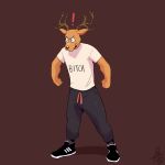  ! 2020 angry anthro antlers beastars borkthunder brown_background brown_body brown_fur cervid cervine clothed clothing footwear fur hi_res horn louis_(beastars) male mammal pose red_deer shirt shoes simple_background solo sweatpants topwear 