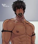  1boy abs arash_(fate) arima_(arima_bn) bara black_hair blush chest condom condom_in_mouth dark_skin dark_skinned_male fate/grand_order fate/prototype fate/prototype:_fragments_of_blue_and_silver fate_(series) looking_at_viewer male_focus mouth_hold muscle nipples pectorals shirtless smile solo twitter_username upper_body 