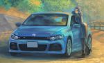  1girl bent_over blue_eyes blue_hair car ground_vehicle highres jacket lying momo_hiki motor_vehicle original personification vehicle_focus volkswagen volkswagen_golf 