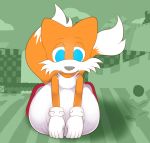  2020 blue_eyes canid canine clothing digital_drawing_(artwork) digital_media_(artwork) fox foxball front_view fur gloves handwear lying male mammal miles_prower overweight red_fox shaded solo sonic_the_hedgehog_(series) white_body white_fur yellow_body yellow_fur 