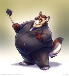 absurd_res anthro canid canine canis clothing coyote eyewear glasses hi_res male mammal overweight pac selfie_stick solo suit 