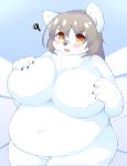  2020 after_transformation anthro black_nose blush breasts female fur hand_on_breast hi_res looking_at_viewer mammal naturally_censored open_mouth overweight overweight_female polar_bear shitsu_kushi-mono simple_background solo ursid ursine white_body white_fur 