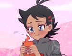  1boy antenna_hair black_hair black_shirt blue_eyes blush closed_mouth dark_skin dark_skinned_male gou_(pokemon) happy holding holding_phone looking_at_phone phone pink_background pokemon pokemon_(anime) pokemon_swsh_(anime) print_shirt sara_bonetti shirt solo spiked_hair trembling_lips 