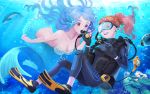  2girls :d blue_hair bodysuit breasts brown_eyes brown_hair bubble cleavage copyright_request diving_mask diving_mask_on_eyes diving_regulator fish flippers head_fins long_hair mermaid monster_girl multiple_girls ocean open_mouth ponytail scuba scuba_gear scuba_tank shell shell_bikini shimjy smile underwater wetsuit whale yellow_eyes 