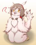  2020 ? ambiguous_gender anthro beak blush brown_hair claws feathers hair hi_res looking_at_viewer naturally_censored nude shitsu_kushi-mono simple_background solo species_request white_body yellow_eyes 