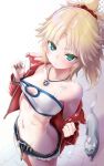  1girl absurdres animal areolae bare_shoulders belt blonde_hair blue_shorts braid breasts cat closed_mouth collarbone cutoffs fate/apocrypha fate_(series) frown green_eyes groin hair_ornament hair_scrunchie highres jacket jewelry long_hair looking_at_viewer micro_shorts mordred_(fate) mordred_(fate)_(all) mozu_(peth) navel necklace no_panties ponytail red_jacket red_scrunchie scrunchie shorts small_breasts solo standing stomach strapless sweat tubetop 