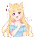  1girl :d bangs blonde_hair blue_shirt blush cropped_torso dated eyebrows_visible_through_hair frilled_shirt frills hair_between_eyes hand_up heart highres index_finger_raised light_(luxiao_deng) long_hair off-shoulder_shirt off_shoulder open_mouth original puffy_short_sleeves puffy_sleeves purple_eyes shirt short_sleeves signature simple_background smile solo striped striped_shirt upper_body vertical-striped_shirt vertical_stripes white_background 