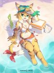  4_toes 5_fingers anthro armband beach big_breasts bikini black_nose blonde_hair bracelet breasts brown_stripes chest_tuft clothing cooler countershading day dipstick_tail eyewear felid female finger_claws fingers fur goggles goggles_on_head green_eyes hair hi_res high-angle_view jewelry kemono looking_at_viewer mammal mia_(world_flipper) midriff multicolored_body multicolored_fur multicolored_tail open_mouth open_smile outside pantherine paws sand seashell seaside shell shian sitting smile solo stripes swimwear tail_tuft tiger toes tuft water white_body white_countershading white_fur world_flipper yellow_body yellow_fur 