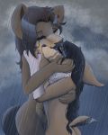  absurd_res andromorph anthro black_hair brown_body brown_fur brown_hair butt canid canine canis cuddling duo female female/female fur hair hi_res intersex looking_down looking_up love mammal neck_tuft pink_eyes puffel raining sad scar seuchenkater skinny tail_tuft tuft wolf 