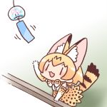  1girl :3 animal_ear_fluff animal_ears animal_print arm_support arm_up bow bowtie chibi elbow_gloves extra_ears from_above gloves indoors inukoro_(spa) kemono_friends looking_up lowres motion_lines no_nose open_hand open_mouth orange_hair print_bow print_gloves print_neckwear print_skirt serval_(kemono_friends) serval_ears serval_print serval_tail short_hair skirt solo striped_tail tail v-shaped_eyebrows wind_chime windowsill |_| 