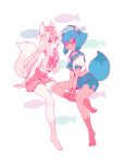  2girls :&lt; alternate_costume animal_ears artist_name bangs bare_shoulders barefoot blonde_hair blue_eyes blue_hair blue_headwear blue_sailor_collar blue_skirt bow bowtie brand_new_animal breasts closed_mouth collarbone crop_top english_commentary fish fox_ears fox_tail full_body furry hair_between_eyes hands_together hat hiwatashi_nazuna invisible_chair kagemori_michiru long_hair looking_to_the_side marine_day midriff miniskirt multicolored_hair multiple_girls open_mouth puffy_short_sleeves puffy_sleeves raccoon_ears red_headwear red_neckwear red_sailor_collar red_skirt sailor_collar sailor_hat shiny shiny_hair shirt short_hair short_sleeves signature simple_background sitting skirt sleeveless sleeveless_shirt small_breasts souno_kazuki star_(symbol) tail teeth twitter_username two-tone_hair white_background white_shirt 